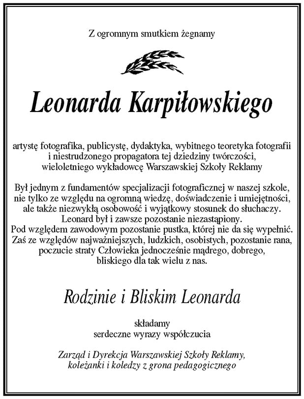 Leonard Karpiłowski - nekrolog